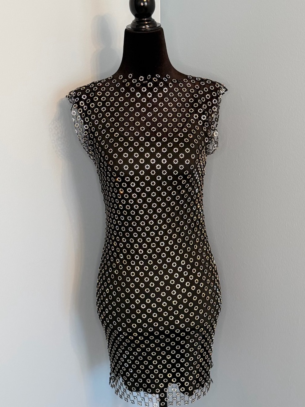 Black Rhinestone Mesh Overlay Mini Dress XS Glam Party Dress. - Picture 3 of 7